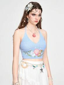 ROMWE Fairycore Women's Vacation Style Mermaid Knit Shell Embroidery Halter Top - Blue - View 3