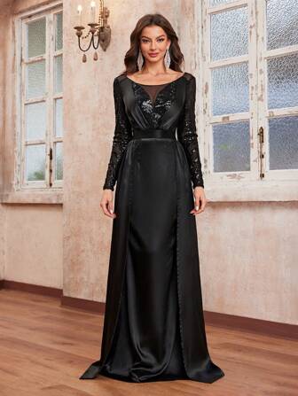 YISIKADO Women's Solid Color Patchwork Sequin Printed Round Neck Long Sleeve Party Dress