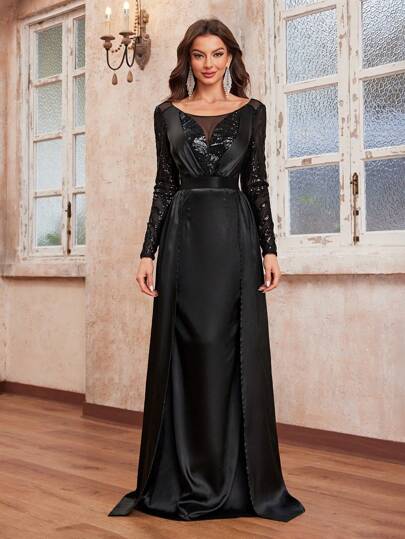 YISIKADO Damen Partykleid mit Rundhalsausschnitt, langen Ärmeln, einfarbiger Patchwork- und Pailletten  Muster