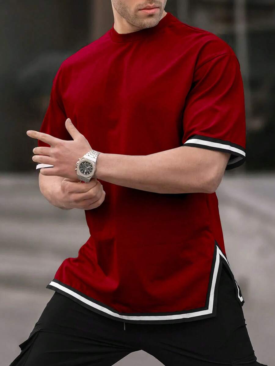 Manfinity Homme 男士彩色拼接邊緣圓領休閒春夏短袖T恤 - 紅色 - 查看 1