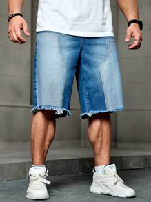 Manfinity Roughcore 男款大尺碼中藍色拼接牛仔短褲