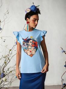 Frida Kahlo X SHEIN Plant & Portrait Print Ruffle Trim Vacation T-Shirt, Summer - Blå - Visa 5