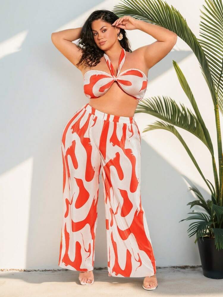 Plus Size Women's Ripple Printed Pleated Fabric Front Tie And Halter Neck Two Wearing Styles Bandeau Top & Elastic Waist Wide Leg Pants Two Pieces Set, Suitable For Summer, Dating, Casual, Shopping, Streetwear, Going Out, Vacation, Beach, Easy To Match