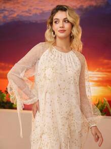 Aveloria Women Star Print Mesh Splice 3D Floral Decor Long Sleeve Loose Dress