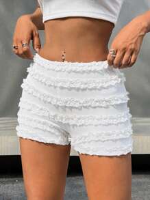 SHEIN EZwear Shorts de verão Y2K com renda franzida e babados para mulheres - Branco - Visão 4