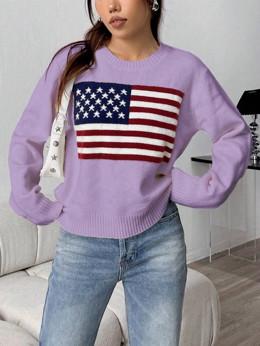 SHEIN Unity Suéter de cuello redondo y manga larga para mujer con patrón de bandera nacional y diseño sencillo - Morado - Ver 1