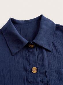 SHEIN LUNE Women Spring/Summer Solid Color Roll-Up Sleeve Loose Casual Shirt Fall Cloth For Women - Dusty Blue - View 4