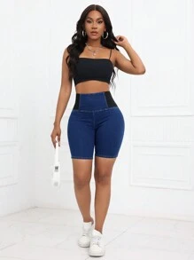 SHEIN SXY Quần short đi xe đạp denim lưng thun gợi cảm màu tương phản - Màu xanh lam - Xem 4