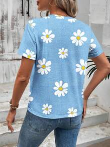 SHEIN LUNE 夏季花卉印花圓領短袖修身女式休閒T恤 - 白色 - 查看 2