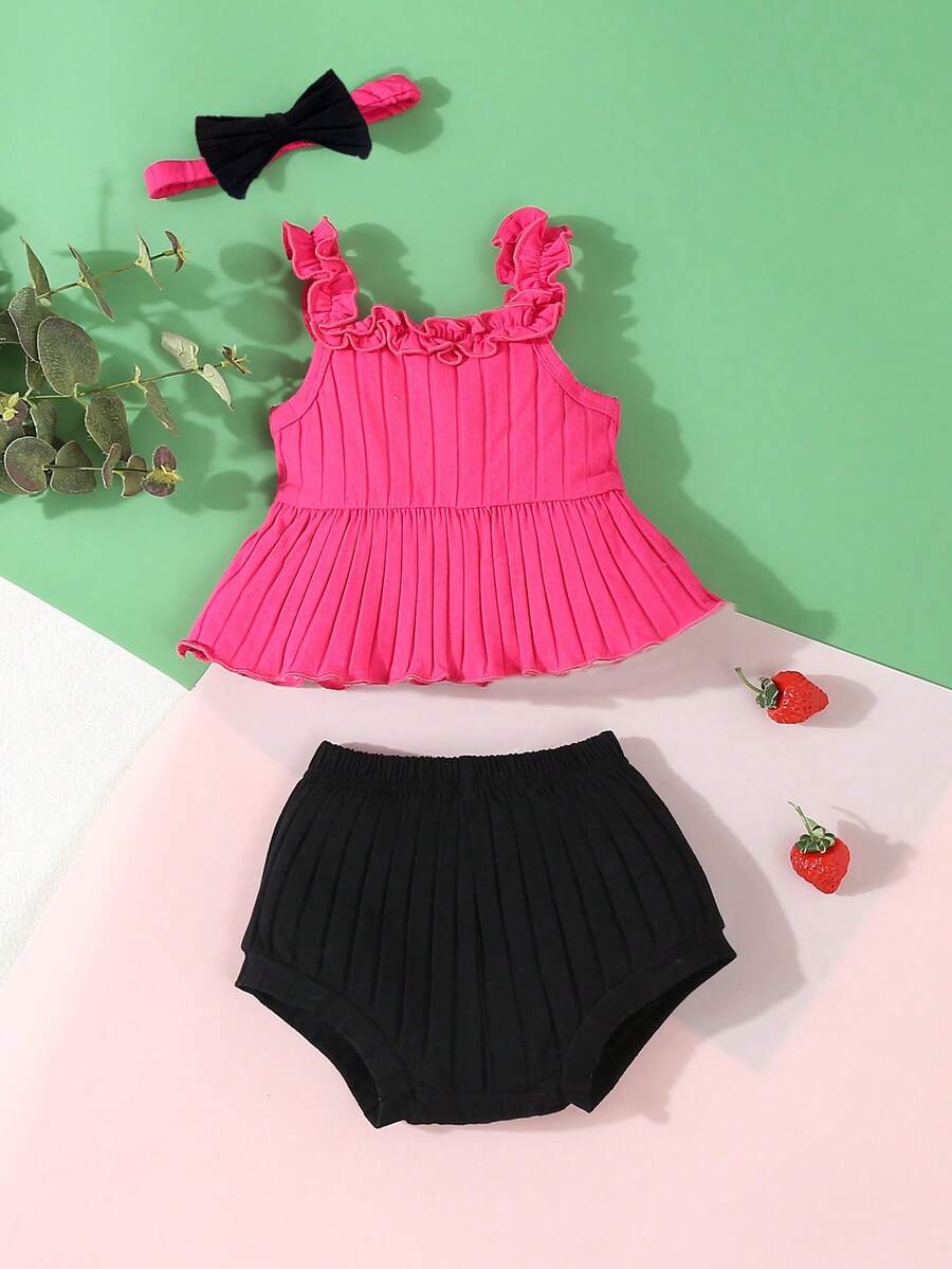寶寶女孩夏季休閒純色背心短褲套裝 - 玫紅色 - 查看 1