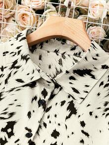 SHEIN Clasi 大尺碼女士夏季圖案印花長袖休閒襯衫連衣裙 - 黑與白 - 查看 3