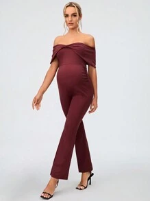 SHEIN Maternity Off-Shoulder Twist Front Flared Jumpsuit With Wide Leg, Perfect For Island Vacation - Blue - View 4