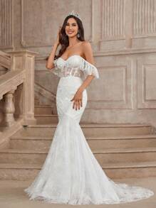 SHEIN Belle Elegant, Gorgeous And Sexy Off-Shoulder Off-Shoulder Ruffled Sleeves, Patchwork Stretch Lace Details, Paired With A Classic French Sheer Lace Top, With Herringbone Breast Cups And Matching Fishnet Tulle Lace Mermaid Dress, Suitable For Weddings, Festivals, Proms, Bachelorette Parties, Extra-Long Tail Wedding Dresses White Bridal Dress