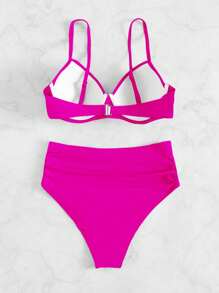SHEIN Swim Solid Color Ruffled Two-Piece Bikini Set For Beach, Pool And Resort, With PUSH UP And Underwire, Summer Beach - Hot Pink - View 5