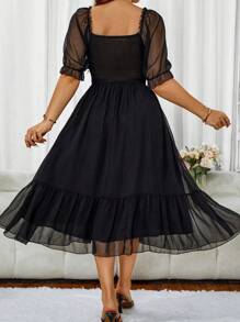 Flirla Plus Size Sweetheart Neck Half Sleeve Chiffon Dress Suitable For Summer - Black - View 2