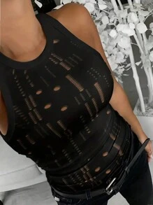 INAWLY Plus Size Summer Casual Slim Fit Solid Color Hollow-Out Tank Top