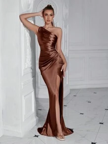 ADYCE 不对称领口褶皱腰部高开衩鸡尾酒会长裙 - 棕色 - 查看 7