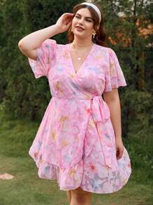 Dreamara V-Neck Tie-Front Short Sleeve Textured A-Line Dress