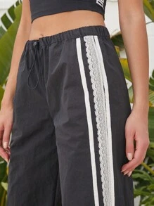 Forever 21 Casual Black Lace Weaved Drawstring Sports Pants, Street Style - Black - View 4