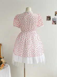 Soleia Women Plus Size Heart Print Mesh Splice Dress - Red and White - View 2