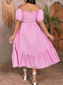 SHEIN Holidaya Vintage Kẻ Sọc Plus Size Nữ Off-The-Shoulder Ngắn Tay Phồng Bong Bóng Viền Xù Viền Đầm Thanh Lịch - Đỏ - Xem 2
