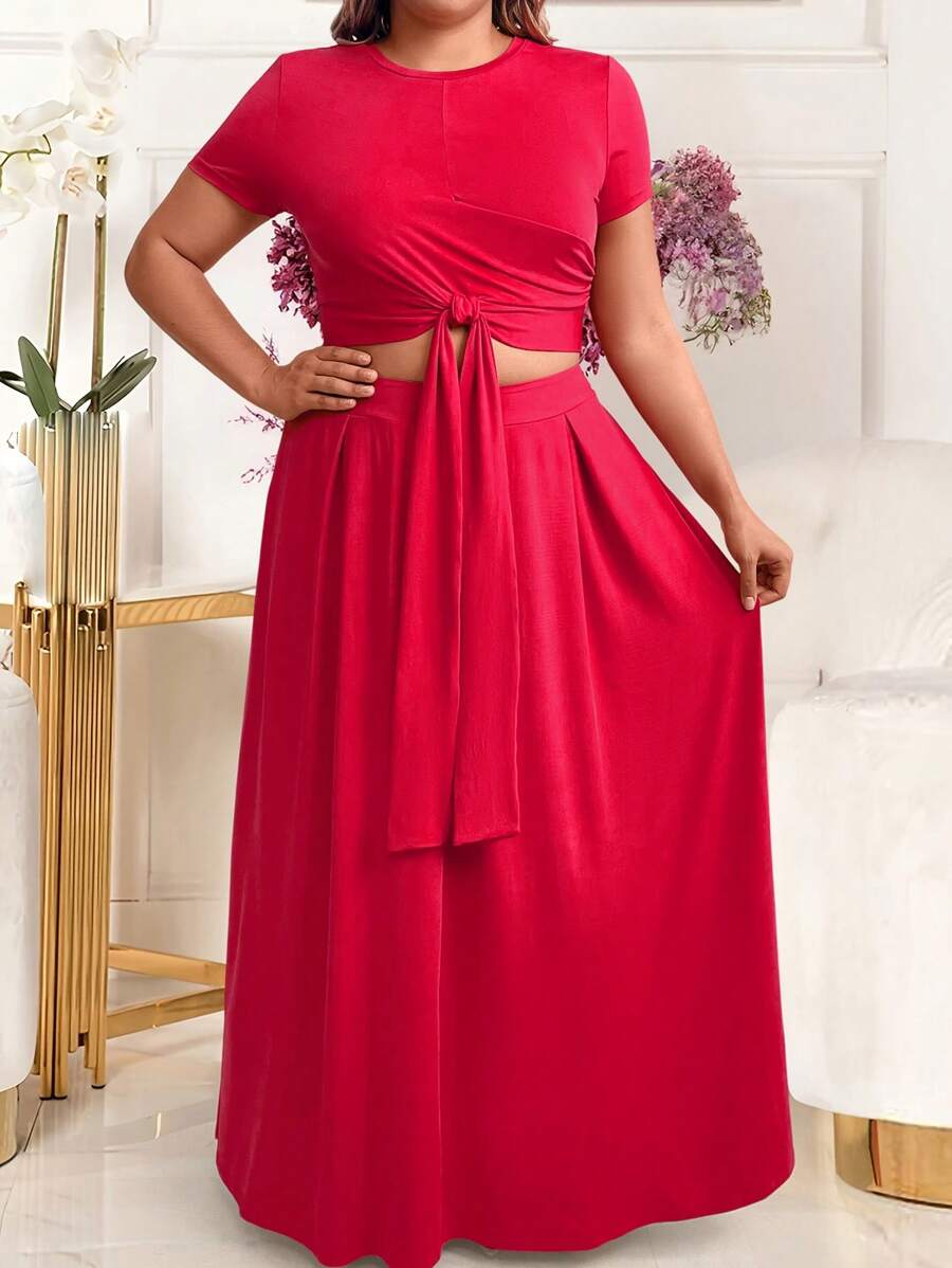 SHEIN LUNE Plus Size Short Sleeve Top And Knee-Length Skirt Set - Red - View 1