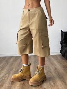 SHEIN EZwear 女款卡其色編織拉鍊貨物七分褲 - 卡其色 - 查看 5