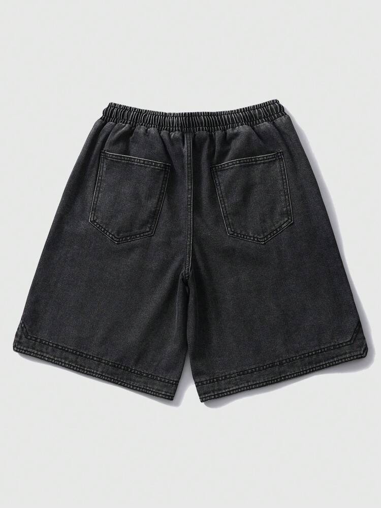 Men Slogan Printed Denim Shorts, Suitable For Daily Wear In Spring And Summer