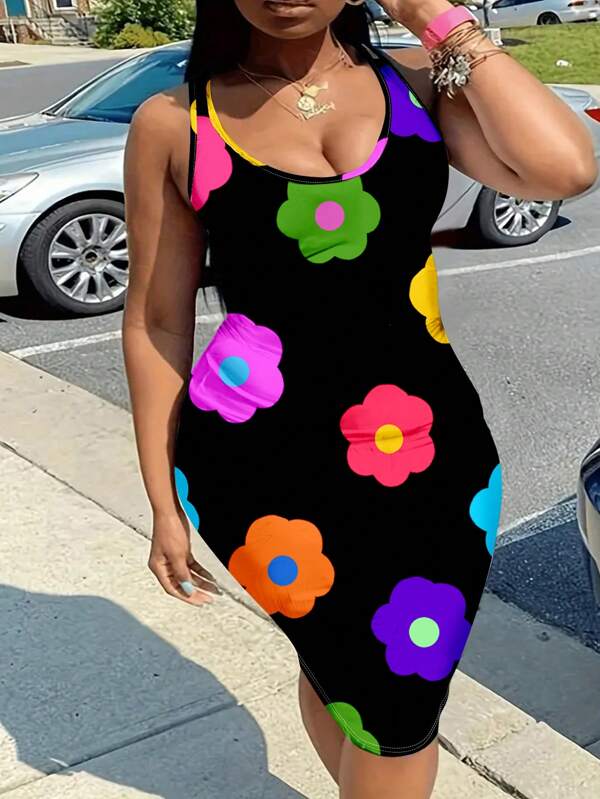 Slaydiva Summer Casual Floral Print Sleeveless Slim Fit Plus Size Dress For Women