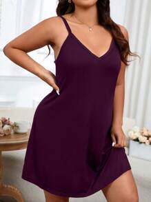 Casual Plus Size V-Neck Solid Color Vacation Pajama Dress With Backless Strap - Red Violet - View 4