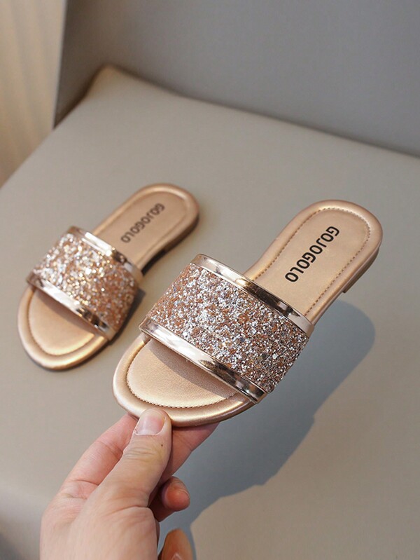 Kids Fashion Glitter Rhinestone Flat Sandals For Girls, Simple Strap Casual Beach Slippers In Summer
