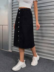 Women's Black Casual Versatile A-Line Button Down Skirt, Spring/Summer, Fit & Flare, Pocket Design, Suitable For Pride, 4th Of July, Teacher Outfits, Vacation Wear