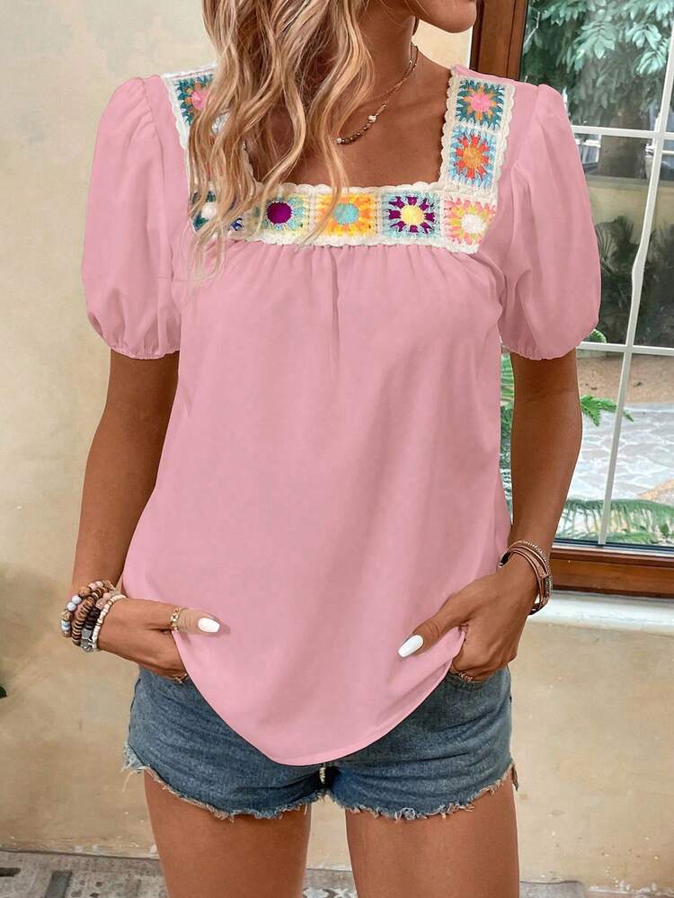 Women Fashionable Printed Short Sleeve Square Neck Blouse