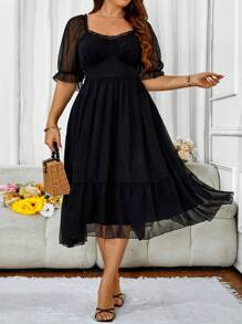 Flirla Plus Size Sweetheart Neck Half Sleeve Chiffon Dress Suitable For Summer - Black - View 6