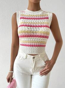Chiquease Women Color Block Striped Hollow Out Sleeveless Knit Top