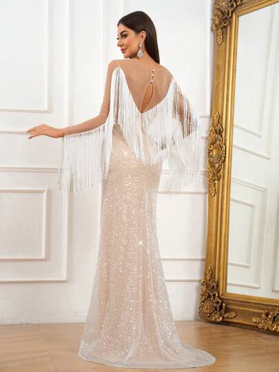 SHEIN Belle Elegant en Sfeervol Wit Contrasterend Kaki Mesh Grote Ronde Hals Perspectief Hartvormige Hals Met Sierlijke Kwastje Fishtail Achteraan V-vormig Mesh Perspectief Bruiloft Evenement Boheems Vakantie Outdoor Bruiloft Cocktailjurk Gazon Trouwjurk