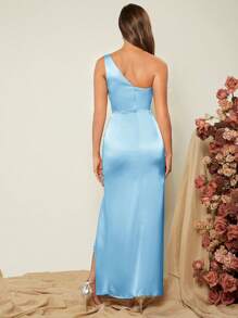 SHEIN Belle 女士纯色不对称领口无袖连衣裙，带褶皱侧开衩和优雅伴娘礼服，女士正式舞会礼服，舞会晚会婚礼宾客礼服，毕业典礼，晚宴派对礼服 - 淺藍色 - 查看 2