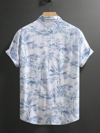 Camisa de verano casual de manga corta con cuello vuelto y botones estampada con plantas tropicales para hombre
