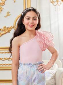 SHEIN Tween Girl Cute Light One Shoulder Palace Style 3D Flower T-Shirt - Pink - View 5