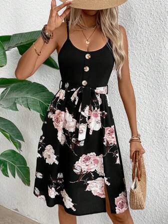 Breezaya Spring/Summer Spaghetti Strap Tank Dress With Button Embellishment, Knit Patchwork And Print Design Vacation Beach Outfits Women