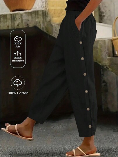EMERY ROSE Pantalones cónicos casuales para mujeres de unicolor con botones laterales para vacaciones