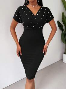 EMERY ROSE Women V-Neck Beaded Waistband Party Dress, Spring/Summer - Black - View 4