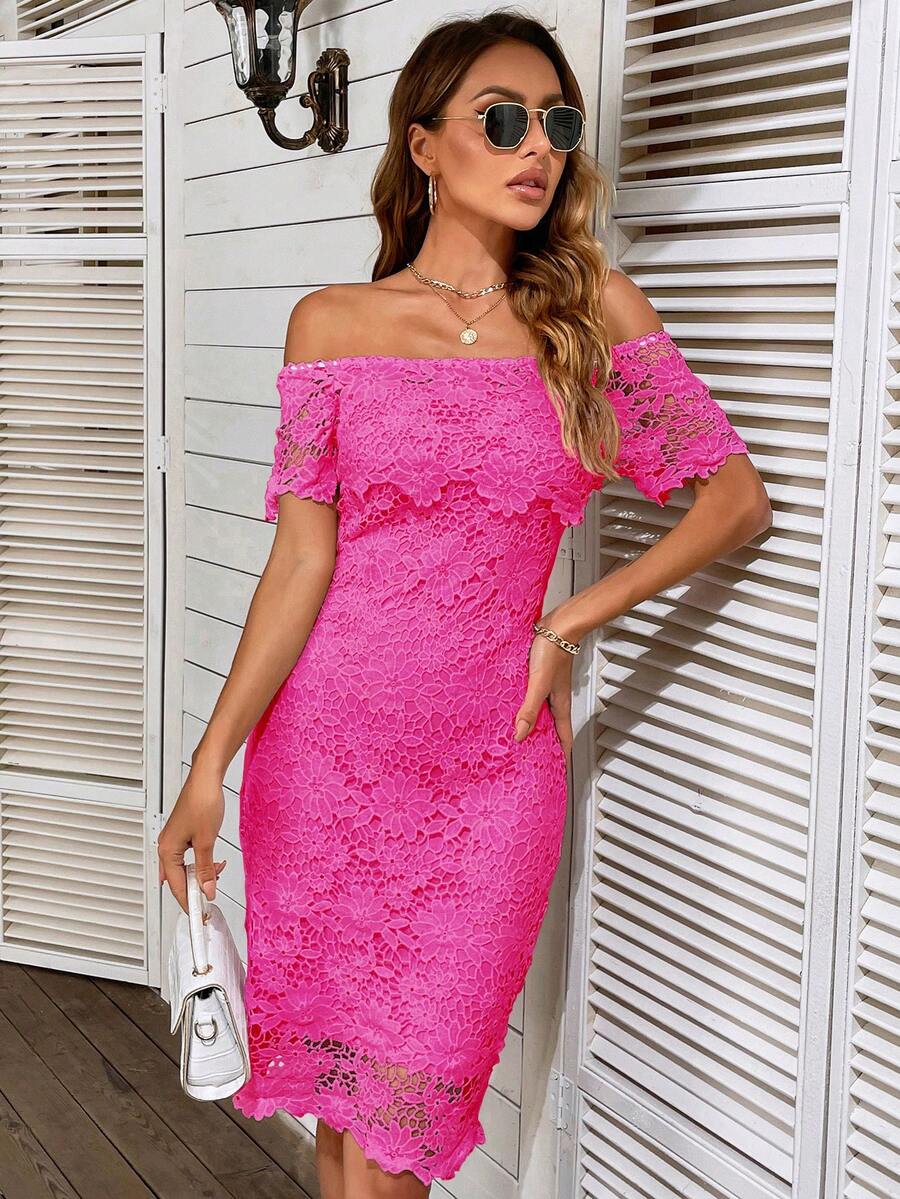Eilly Bazar Women's Solid Color Off-Shoulder Lace Short Sleeve Dress - Hot Pink - View 1
