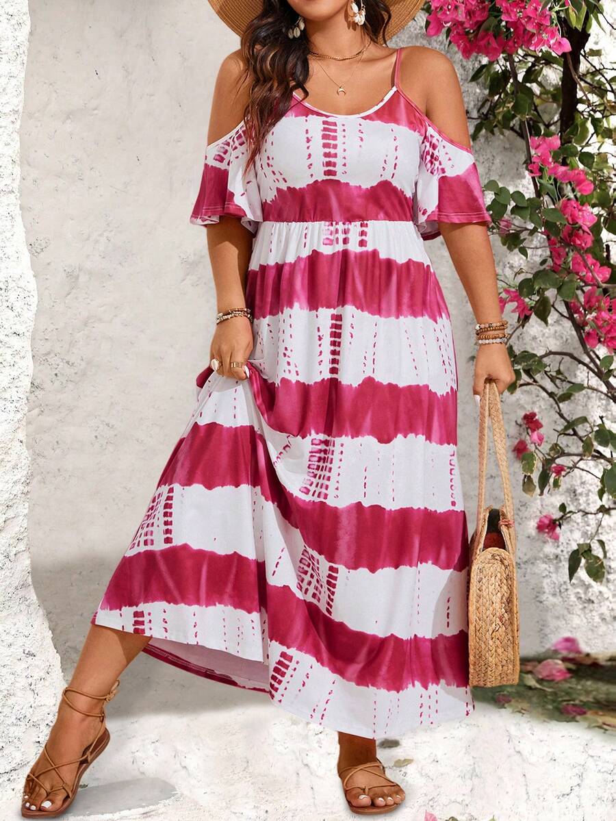 大尺碼女士流行條紋露肩束帶裙 - 紅白色 - 查看 1