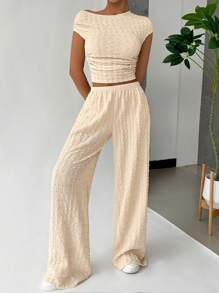SHEIN EZwear 女式純色紋理褶皺修身短上衣和寬腿褲兩件套裝，適用於度假和休閒 - 杏色 - 查看 6