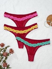 SHEIN Women Contrast Color Lace Patchwork Thong Panties ,3 Pcs