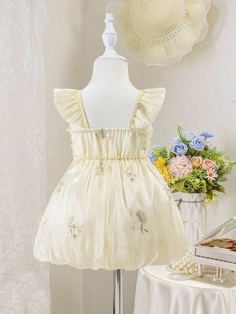 Baby Girl Summer Floral Embroidery Bow Decorated Patchwork Flutter Sleeve Cute Dress