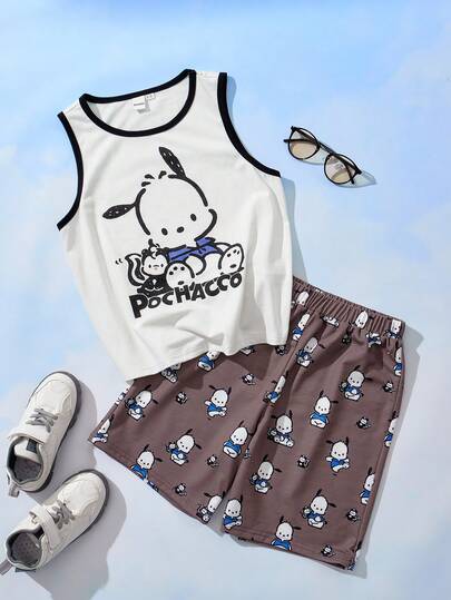 HELLO KITTY AND FRIENDS | SHEIN 少年男童卡通圖案圓領背心和短褲套裝，夏季穿著