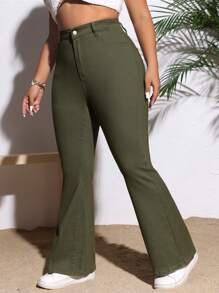 Breezaya Plus Size Kỳ nghỉ Thường ngày Màu trơn Slim Fit Flare Jeans - xanh quân đội - Xem 4
