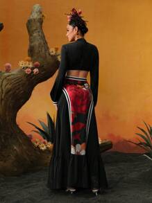 Frida Kahlo X SHEIN X Designer ISELACOS Vestido de línea A con escote de ojal, diseño de cintura calada y volante en el bajo, en estampado floral patchwork, para festival